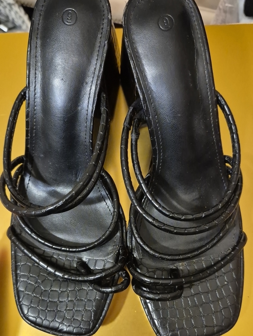 Black Strappy Square-Toe Women's Heels